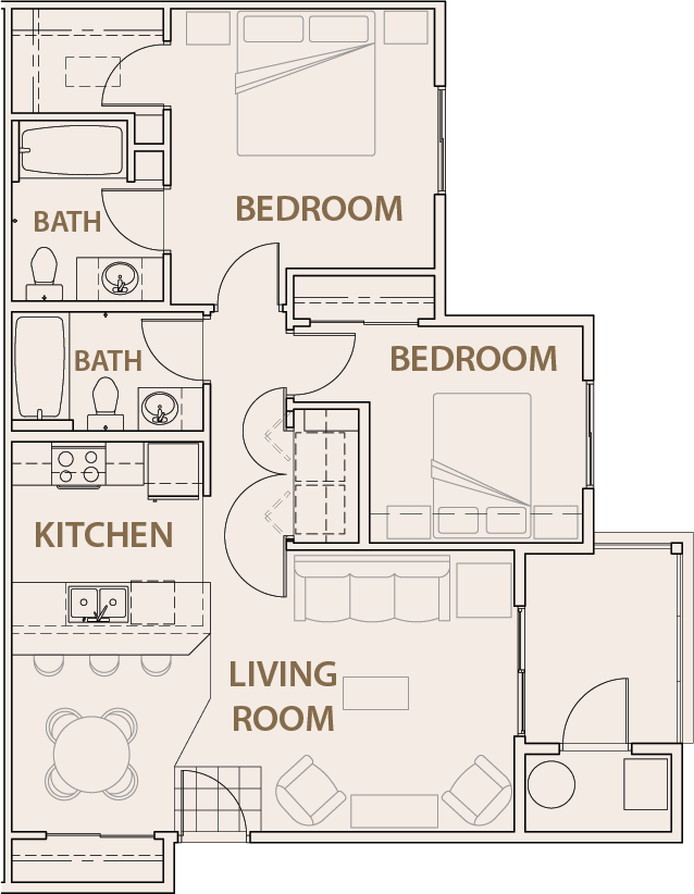 Floor plan for 2 beds, 2 baths, 937 sqft
